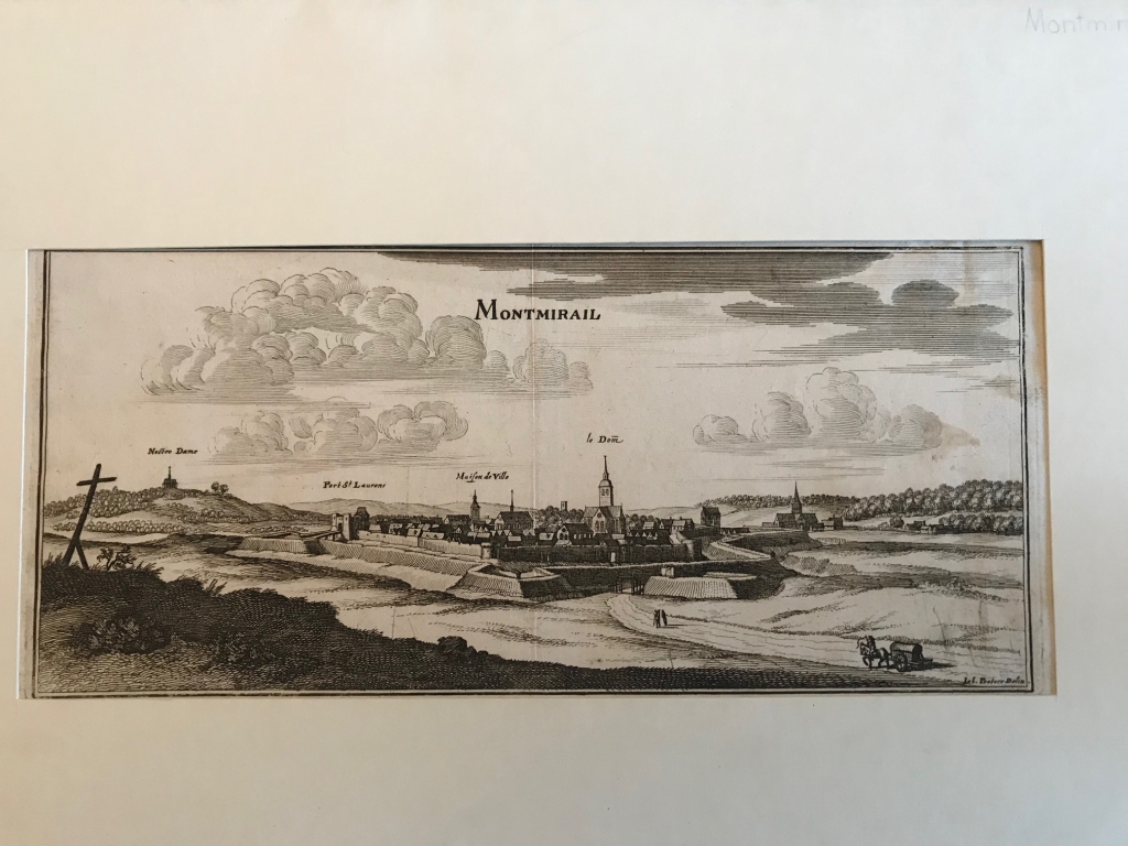 Vista panorámica de la ciudad de Montmirail (Francia), 1650. Merian/Peeters