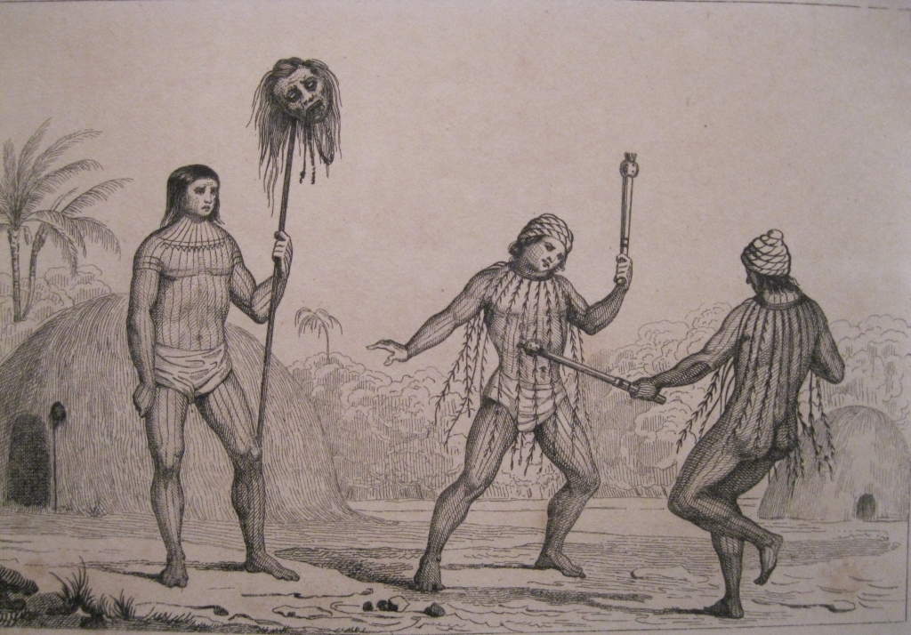 Danza ritual de los Munduruku con la cabeza de un Botocudo (Brasil), hacia 1850. Lesueur