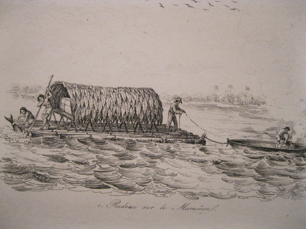 Balsa sobre el río Marañon y vista de Tabatinga (Amazonas, Brasil), hacia 1840.