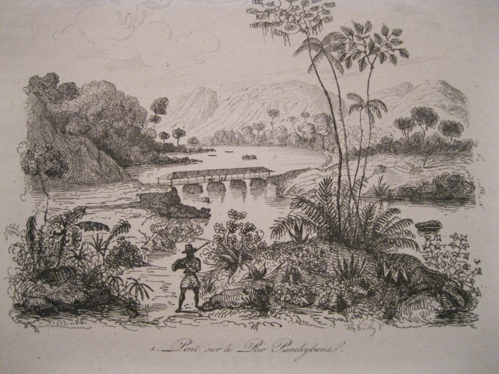 Puente sobre el río Paraibuna y finca de Sabambaia ( Sao Paulo, Brasil), ca. 1840. J. Belly