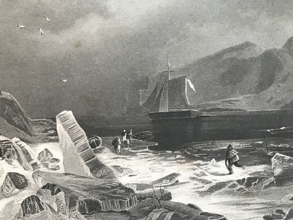 Costa de hielo y velero en Noruega (Europa), ca. 1840. Payne