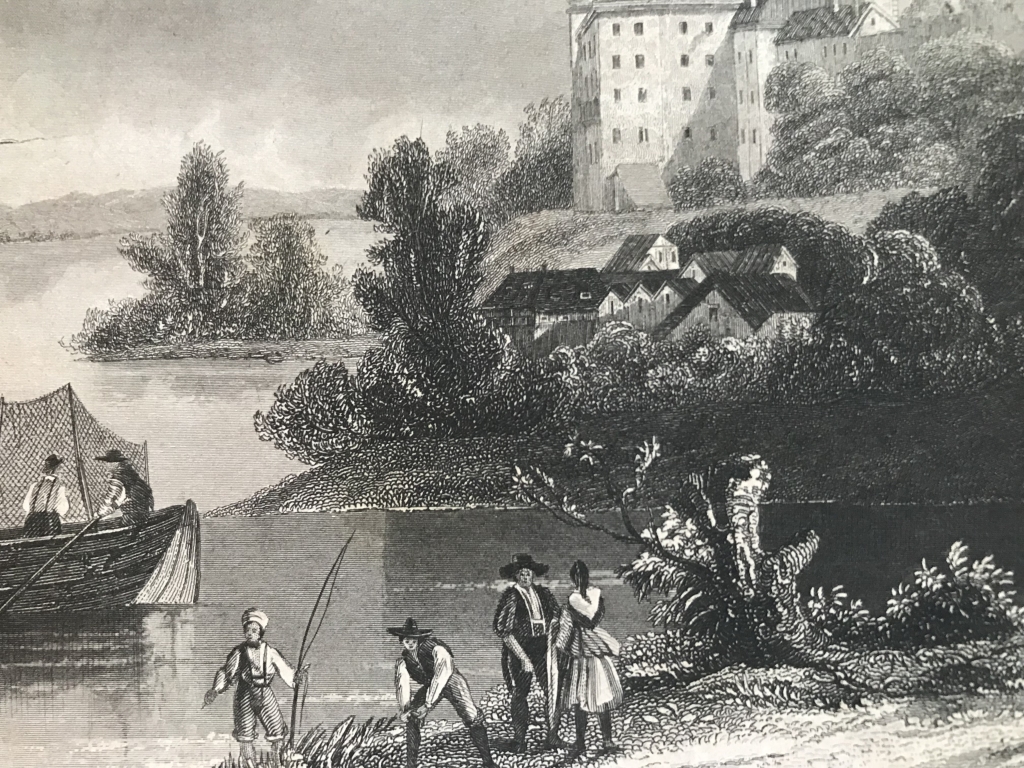 Vista del castillo de Wallsee, en Amstetten (Austria), hacia 1850. I. in Hidburghansen