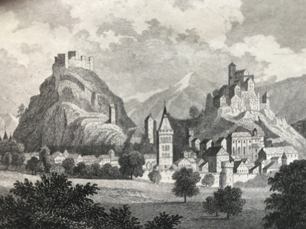 Vista de la ciudad de Sion (Valais, Suiza), hacia 1850.  Bibliograph. Institut in Hidburghansen