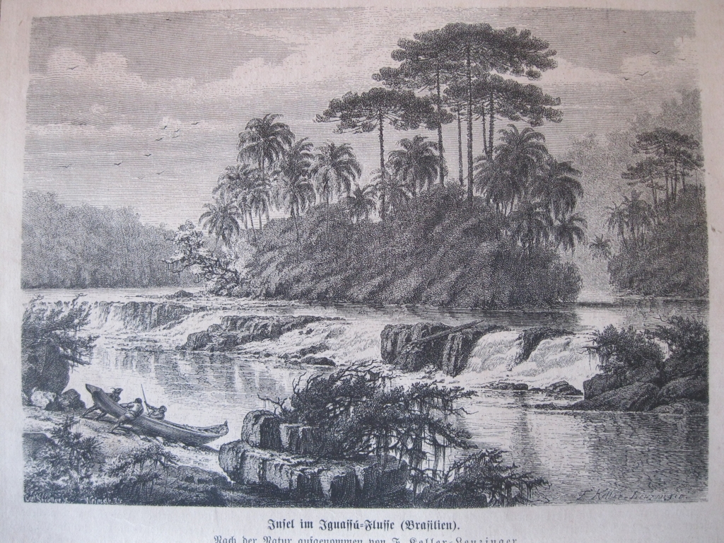 Vista de las cataratas del Iguazú (Brasil) y texto, ca. 1860. Anónimo