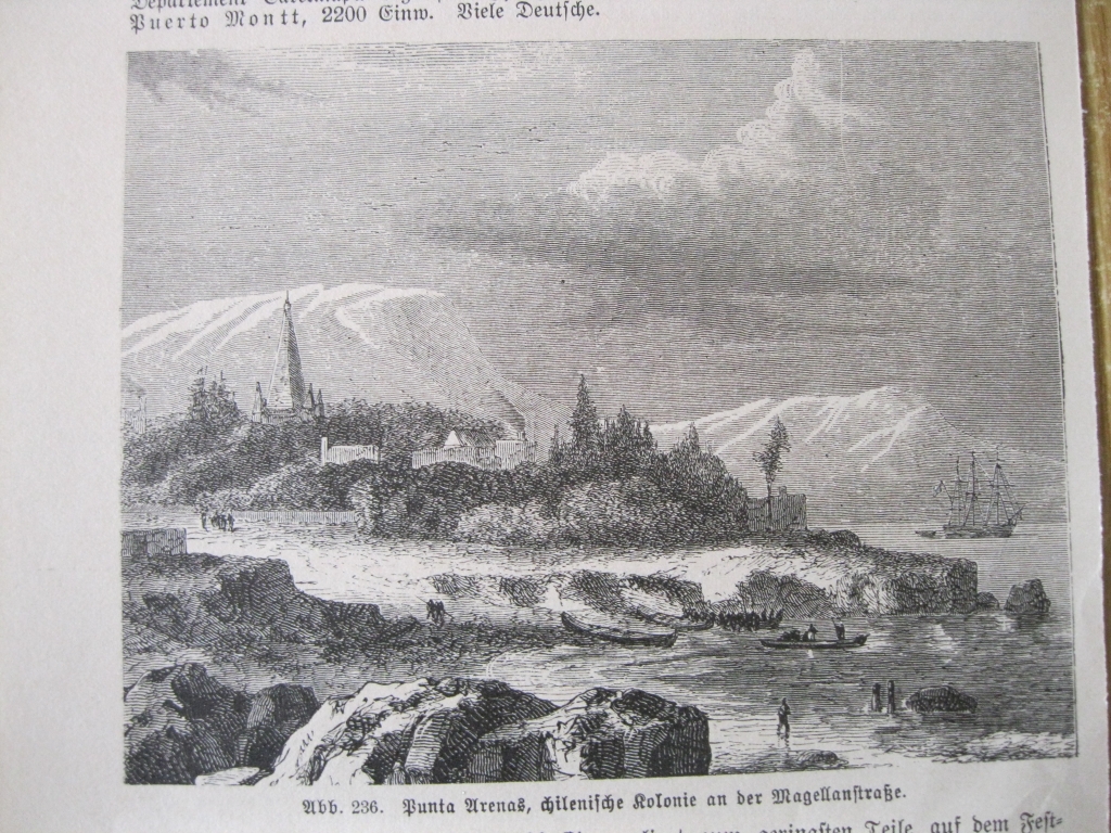 Vista del puerto de  Punta Arena y nativos (Chile), hacia 1870. Anónimo