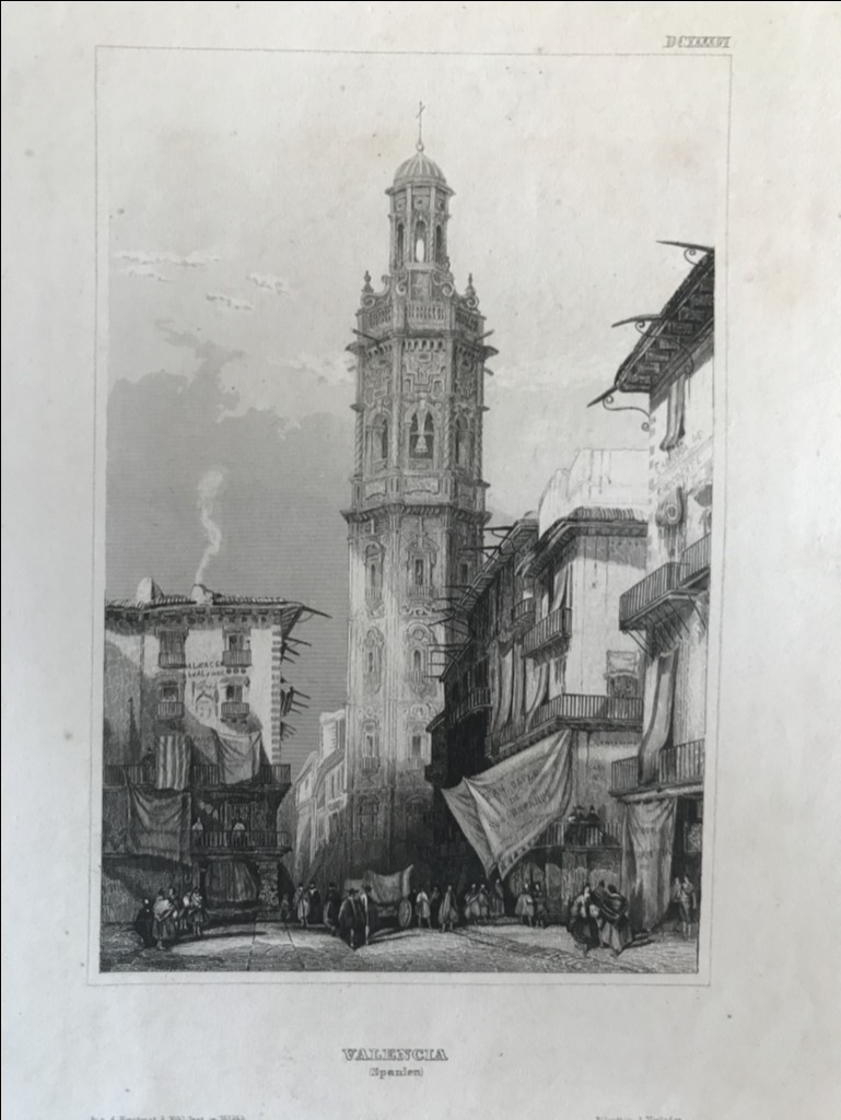 Torre barroca de santa Catalina de Valencia (España), hacia 1850.  Bibli. Inst. in Hidburghansen
