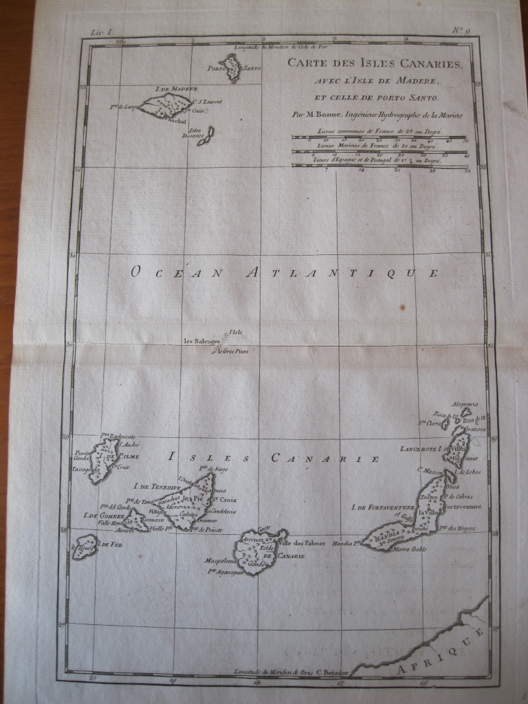 Mapa de las islas Canarias (España), A Madeira e Porto Santo (Portugal), 1780.  R. Bonne