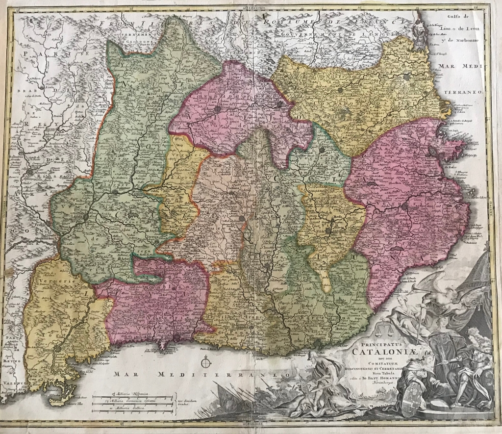 Gran mapa a color de Cataluña (España), 1720. Johann Baptist Homann