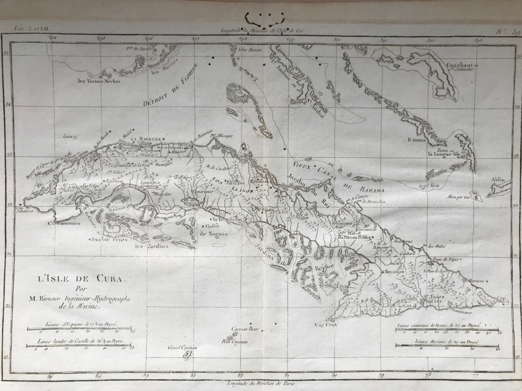 Mapa de la isla de Cuba (Mar Caribe, América), hacia 1780. Bonne/Raynal