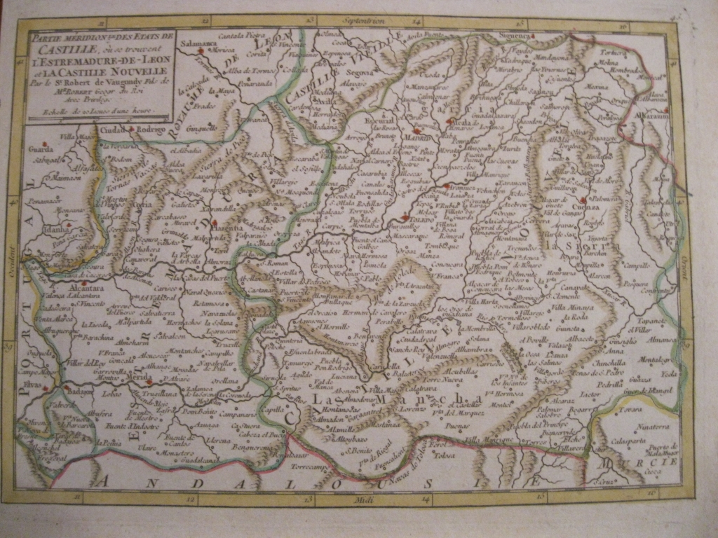 Mapa del antiguo Reino de Castilla a color (España), 1748. Vaugondy