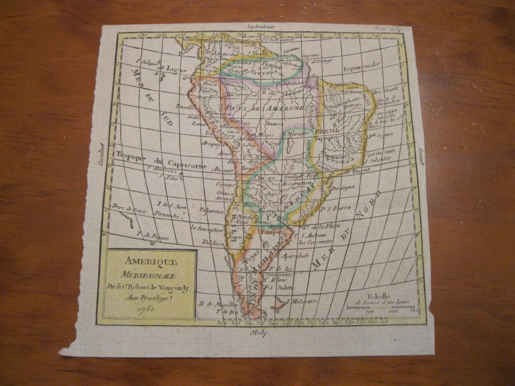 Mapa de América del Sur, a color, 1772. Vaugondy