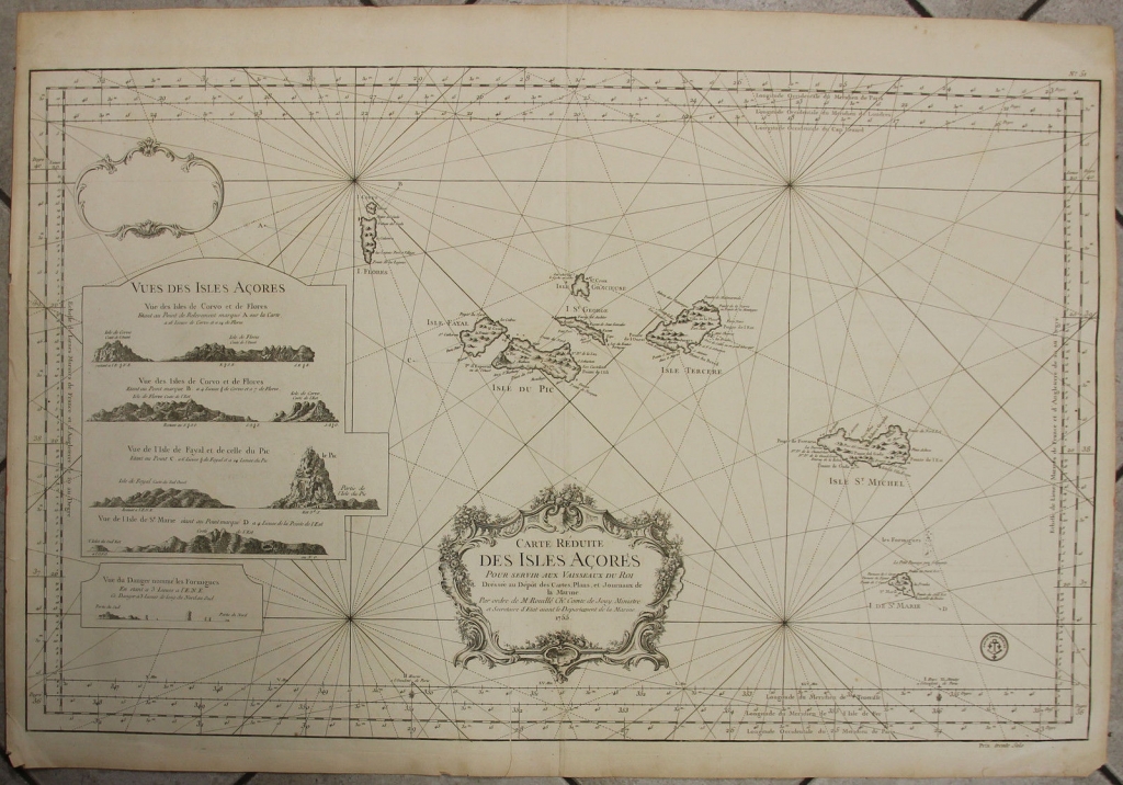 Gran carta náutica de las islas Azores (océano Atlántico, Portugal), 1755. Bellin