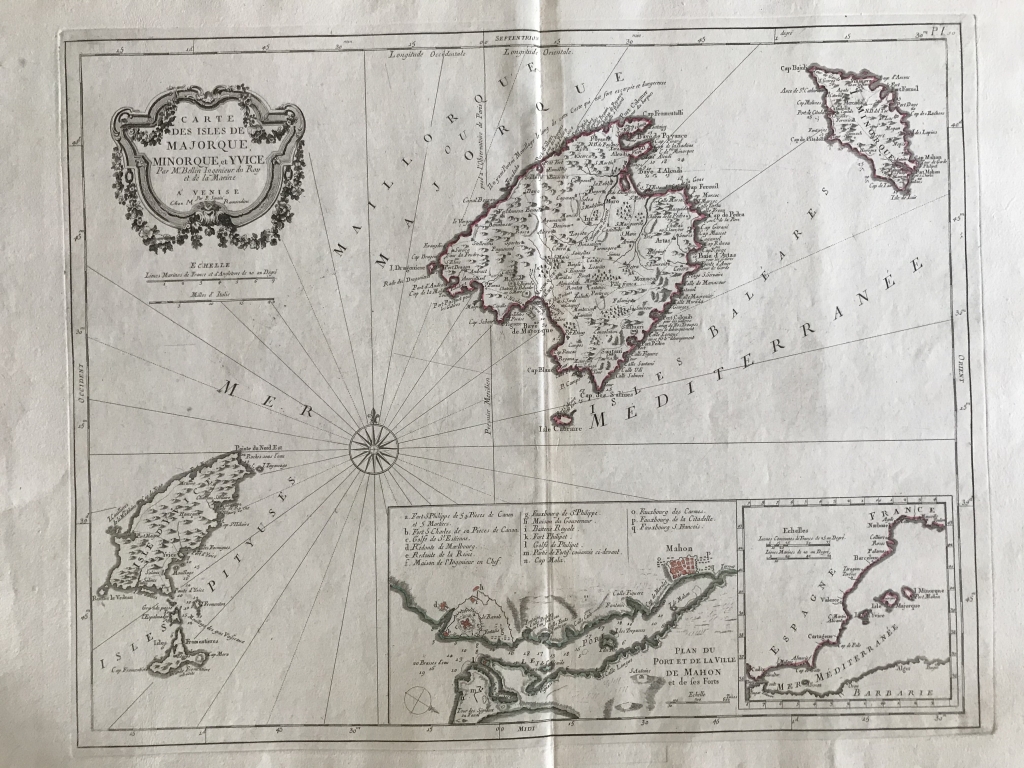 Gran carta naútica o mapa de las islas Baleares (España), 1784. Bellin/Santini/Remondini