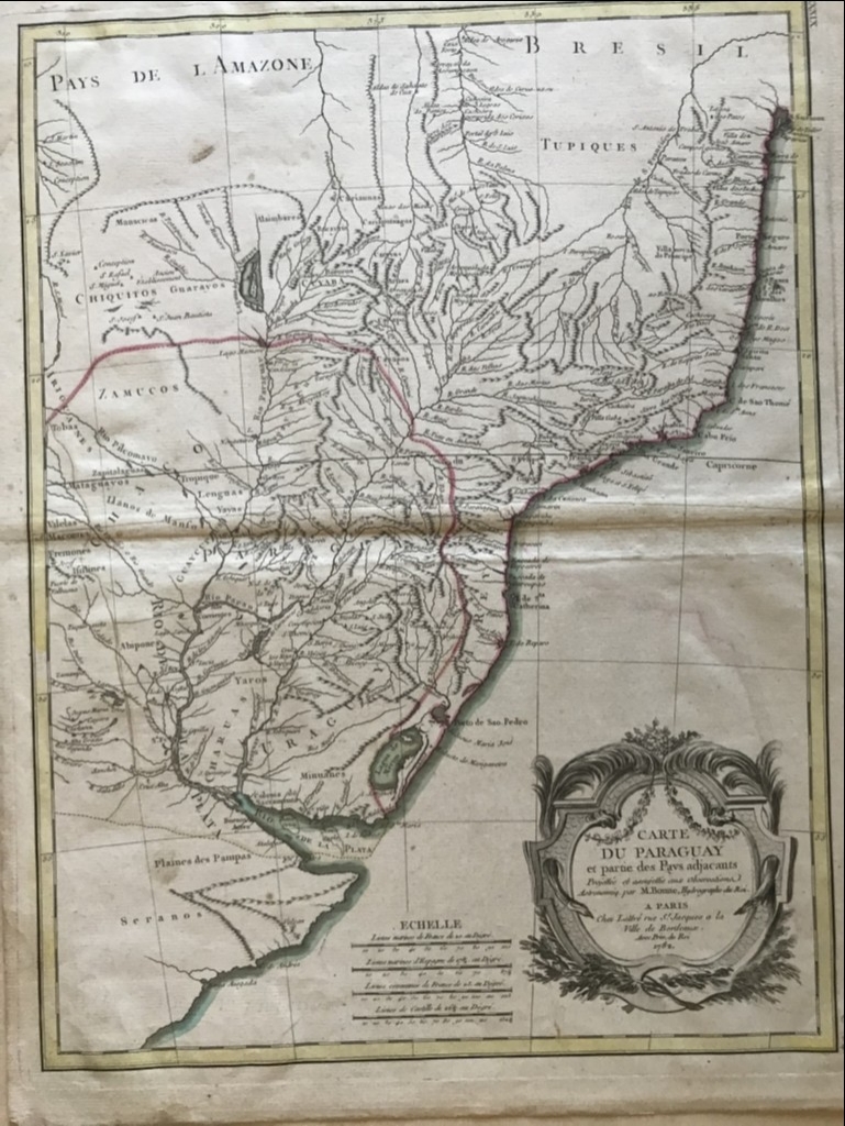 Gran mapa de sur de Brasil, Paraguay y Uruguay (América del sur), 1782. Bonne/Lattre