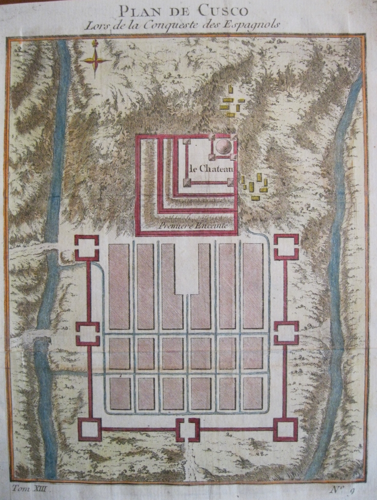 Plano a color de la antigua ciudad de Cuzco (Perú, América del sur)), 1750. Prevost