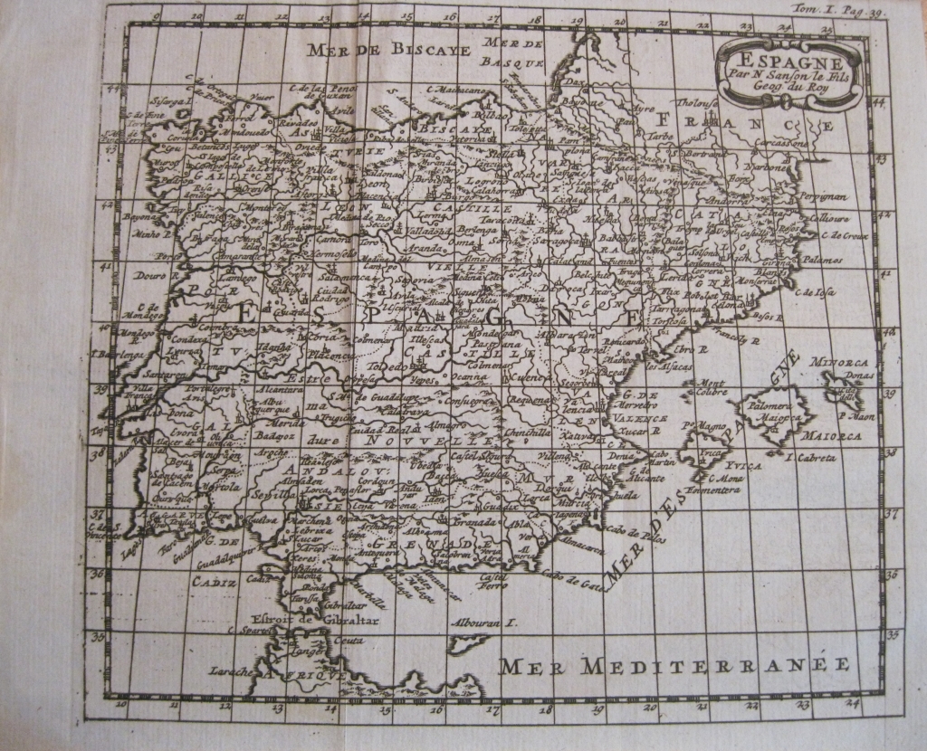 Antiguo mapa de España y Portugal, 1743. Sanson