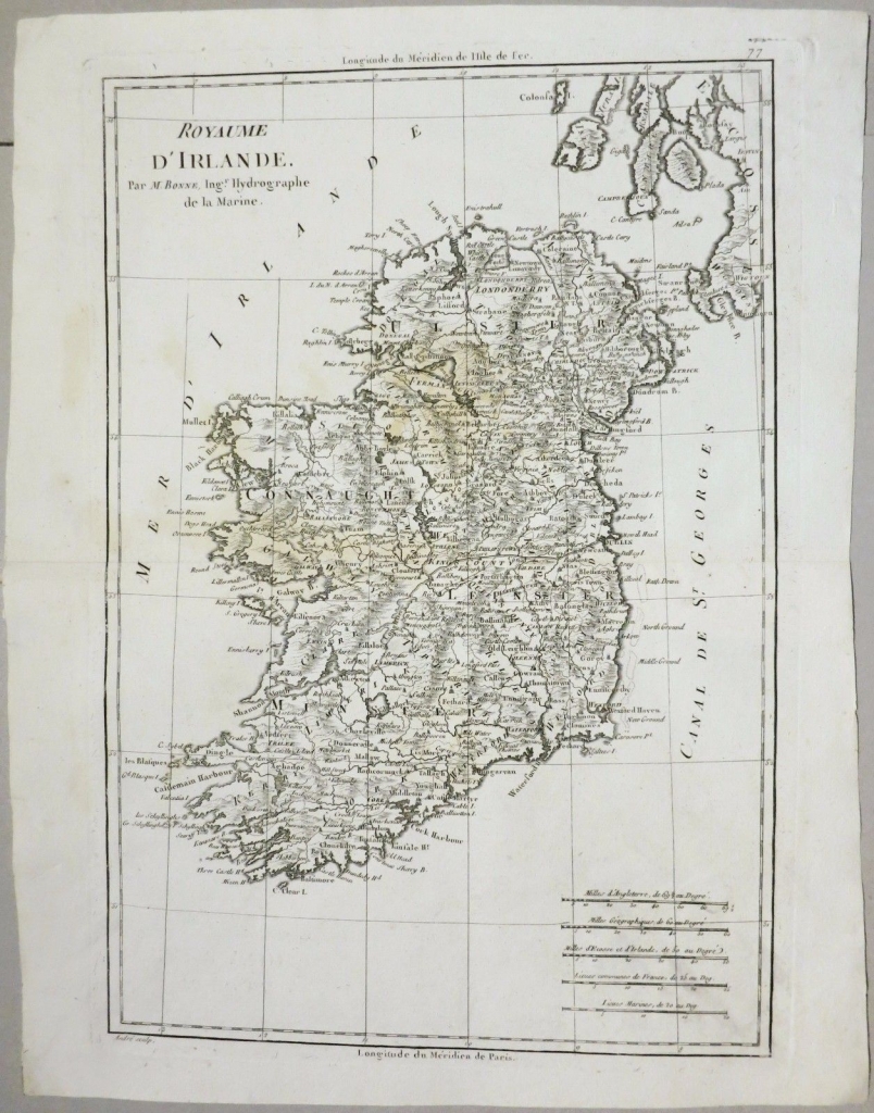 Mapa de la isla de Irlanda (Europa), 1787. Bonne/André