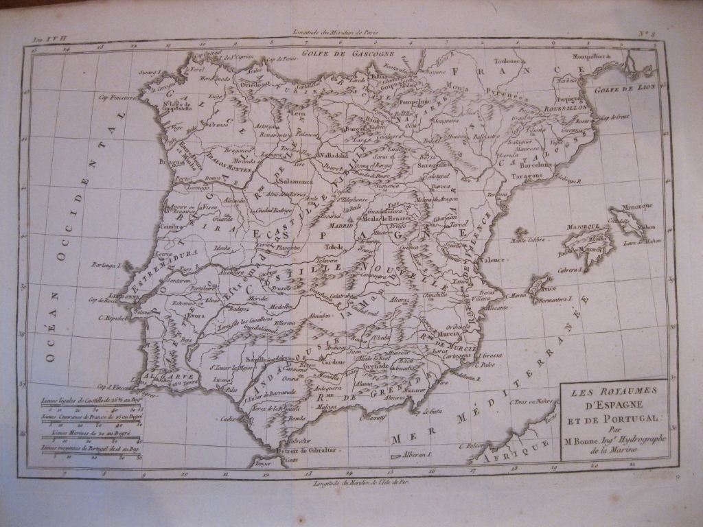 Mapa del antiguo reino de España y Portugal, 1780. Bonne