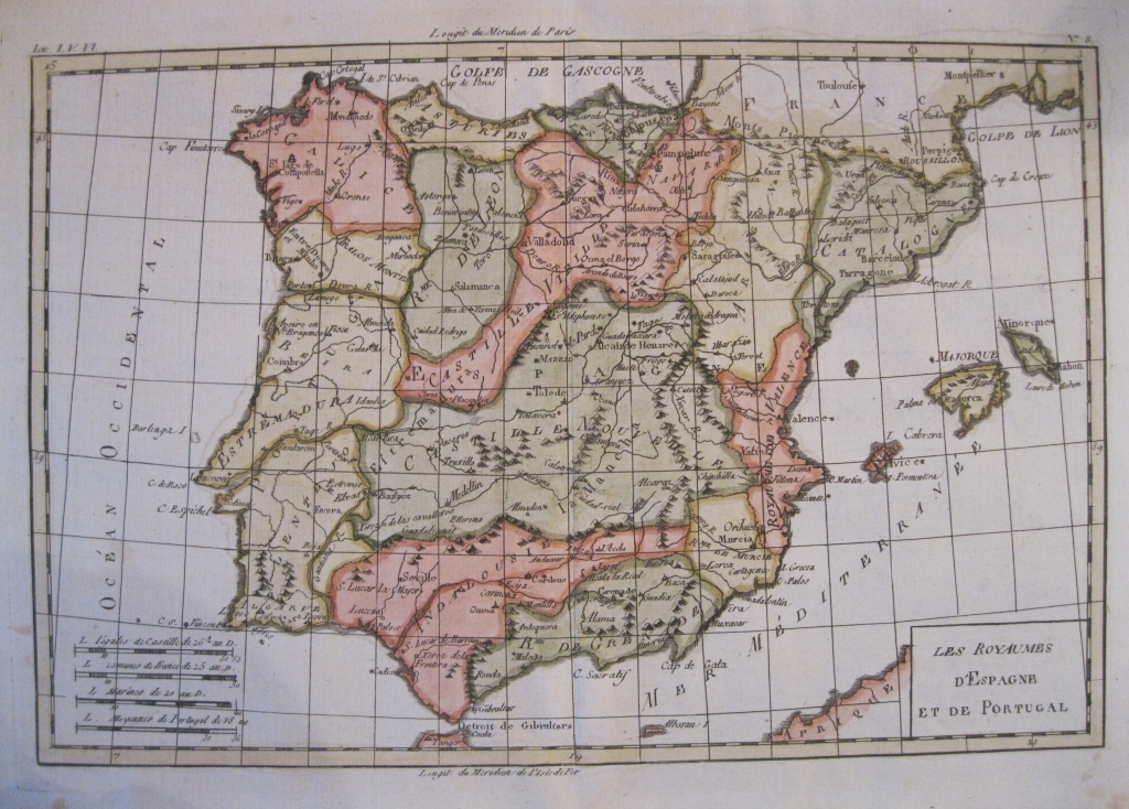 Mapa de España y Portugal, 1770. Bonne