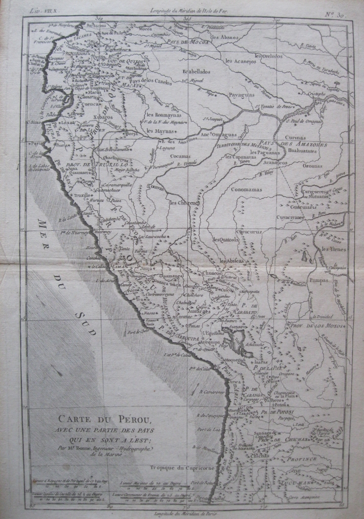 Mapa de Perú, Ecuador, Bolivia, 1780. Bonne / Raynal