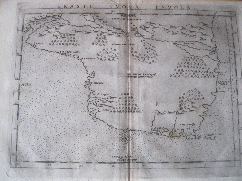 Antiguo mapa de Brasil (América del sur), 1574. Ptolomeo/Ruscelli