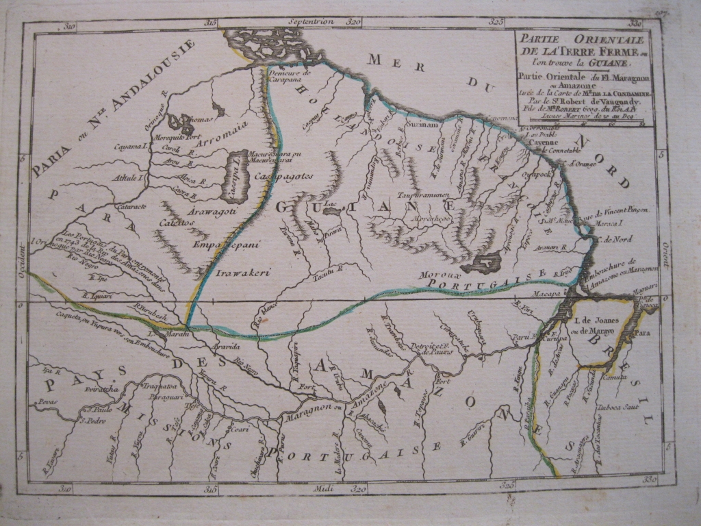 Mapa de Guyana, Amazonas y Brasil (América del sur), 1749. Vaugondy/La Condamine