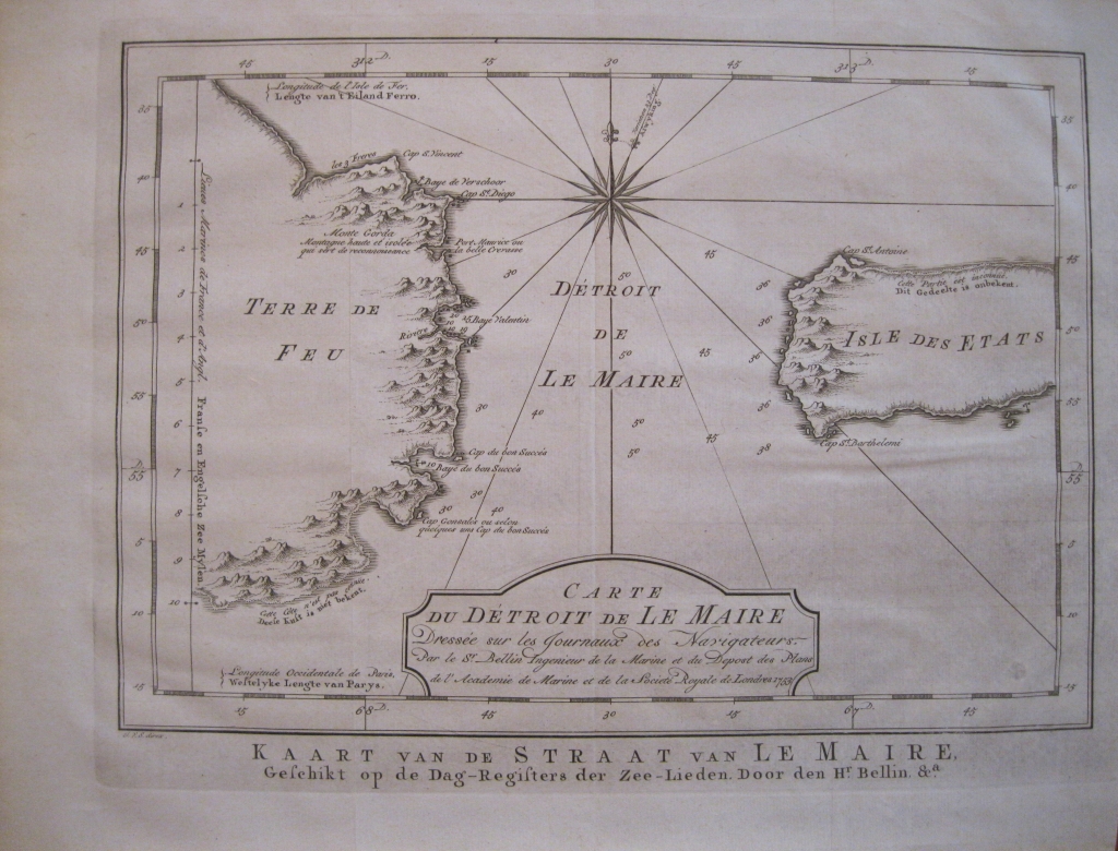 Mapa del Estrecho de Le Maire, América del Sur, 1752. Bellin