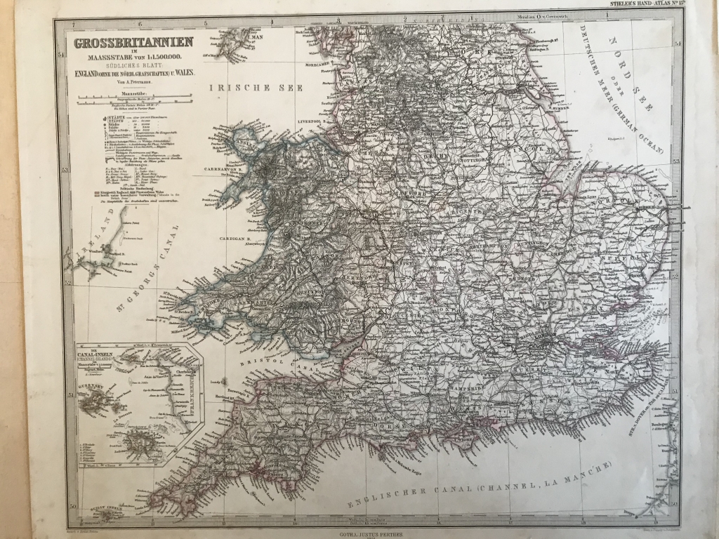 Mapa de Inglaterra y Gales (centro y sur de Reino Unido, Europa), 1860. Stieler/Perthes/Poppey