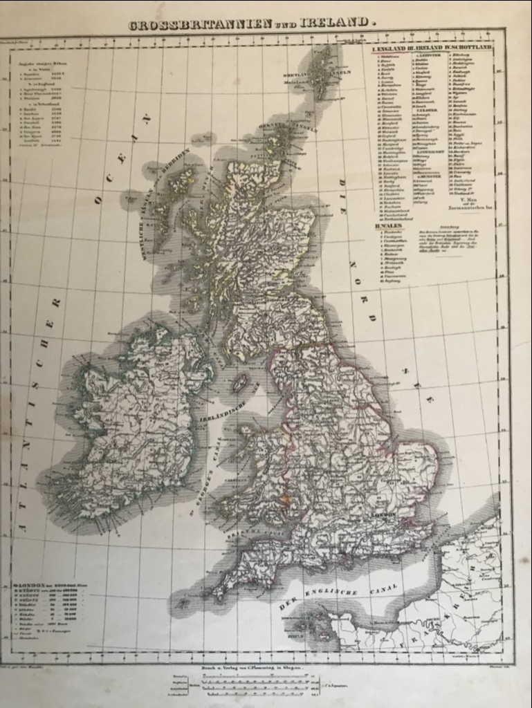 Mapa de Irlanda y Reino Unido (Europa), 1844.Handtke/Thomas/C. Flemming