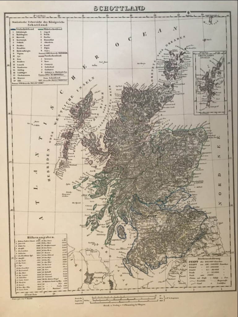 Mapa del centro y norte de Reino Unido (Europa), 1844.Handtke/C. Flemming