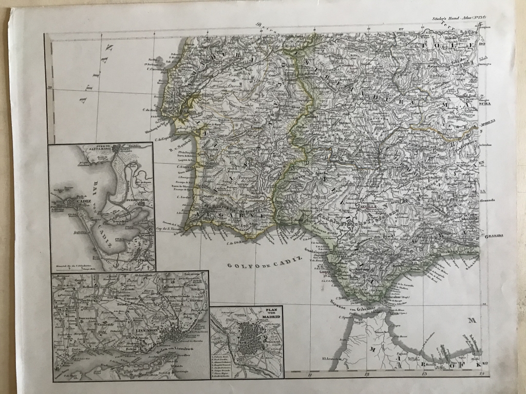 Gran mapa del centro y sur de Portugal y suroeste de España, 1856. Stieler/Perthes