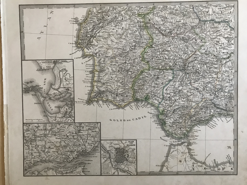 Gran mapa del centro y sur de Portugal y suroeste de España,  ca.1860. Stieler/Perthes