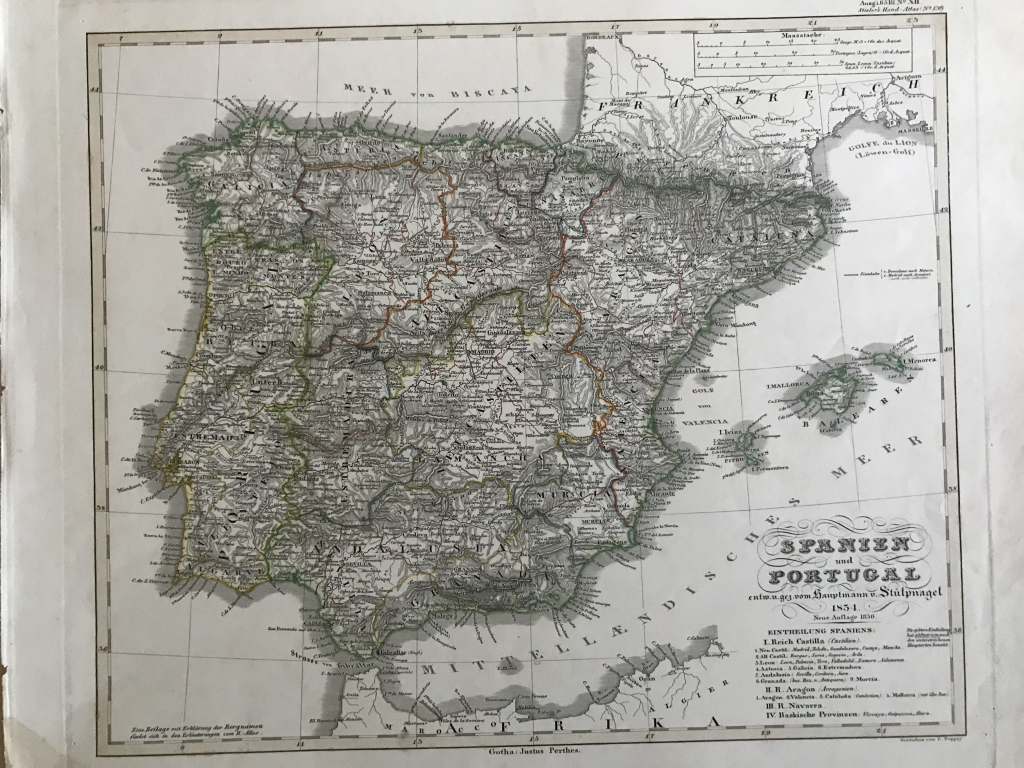 Gran mapa a color de España y Portugal, 1834. Stieler/Perthes/Stülnagel/Poppey