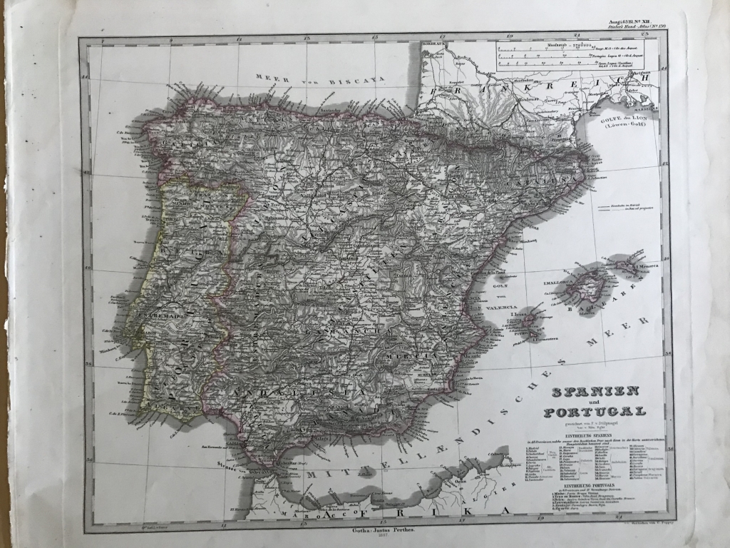 Gran mapa a color de España y Portugal, 1867. Stieler/Perthes/Stülnagel/Poppey