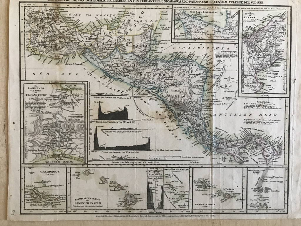 Mapa de volcanes de  América Central, hacia 1850. Kleinkneeth y Schweinfunten