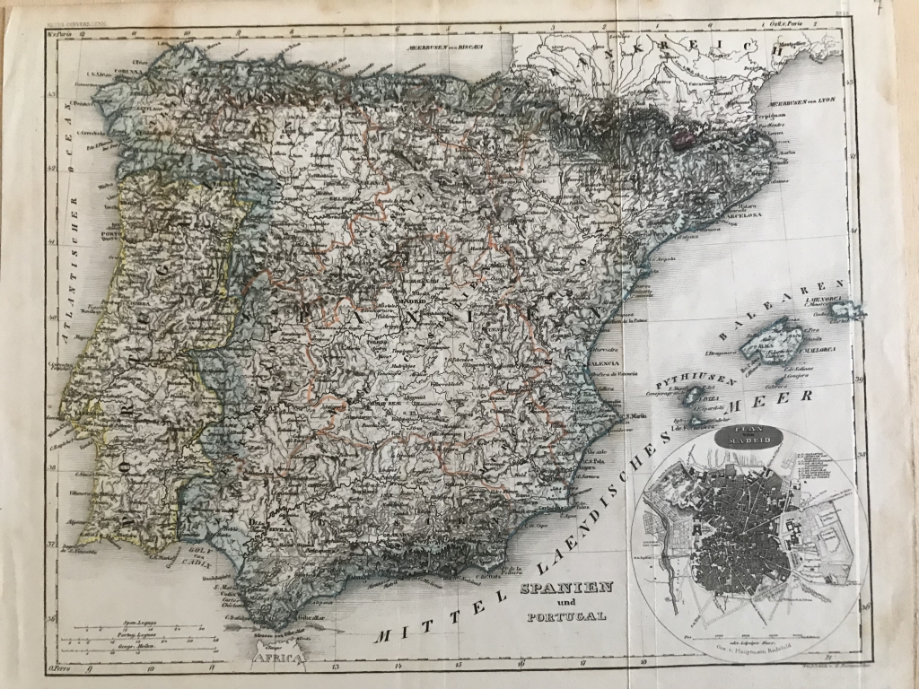 Mapa de España y Portugal y plano de Madrid, ca. 1840. H. Bornmüller