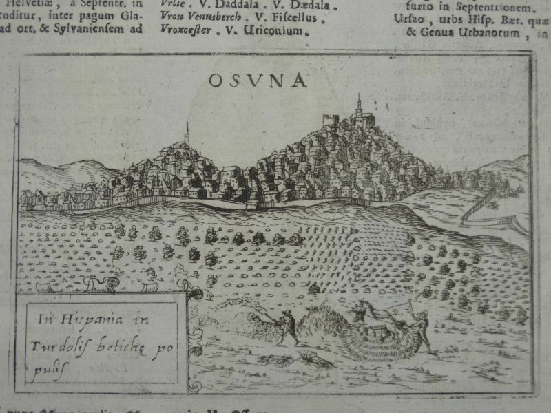 Vista y plano de Osuna, Sevilla (España) y hombre, 1713. Valegio/Lasor a Varea